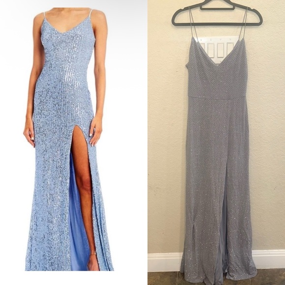 B Darlin Medium Light Blue Sparkle Sequin Maxi Leg Slit Formal Black Tie Dress - Picture 1 of 8